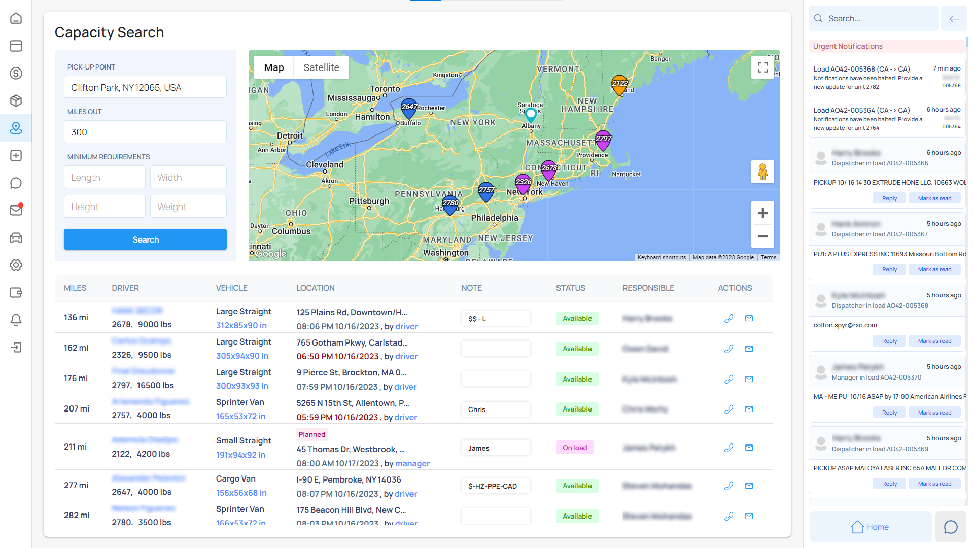screenshot of Altek TMS for Dispatchers